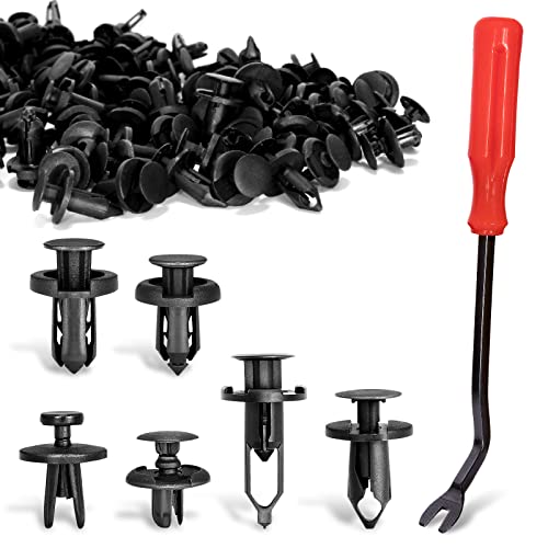 Car Push Retainer Clips, Ginsco 120 Pcs Auto Fasteners Assortment Plastic Push Pin Rivets Expansion Screws Replacement with Auto Trim Removal Tool Fastener Remover for Door Trim Panel Fender - 120pcs+tool