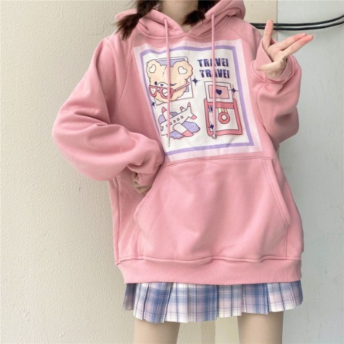 Travel Bear Hoodie | Pink / M