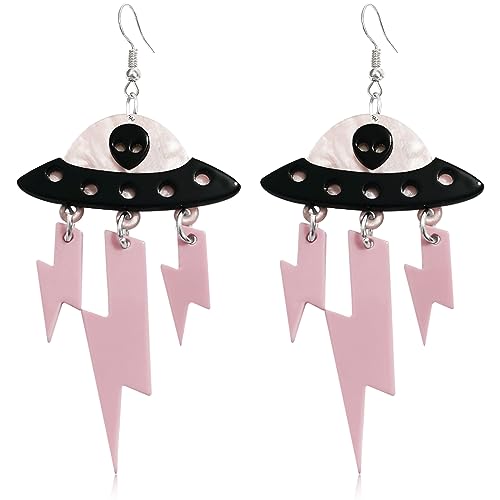 KVANU Acrylic UFO Aliens Lightning Earrings Cosmos Weird Novelty Fun Earrings Alien Earrings Glitter Space Earrings Cute Dangle Earrings for Women Girls, Multiple Colors - Pink
