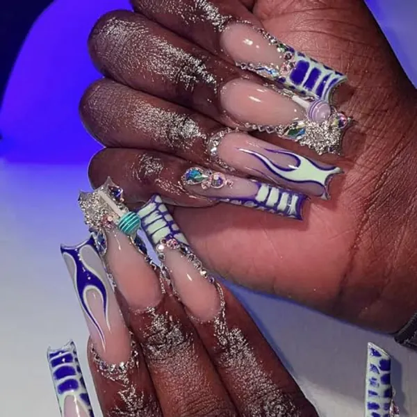 24Pcs Long Square Press on Nails French Tip Fake Nails Full Cover 3D Rhinestone Acrylic False Nail Tips with Gems Glossy Blue Flame Stick on Nails Long Artificial Nails for Women Manicure Decorations - style1