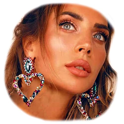 Xerling Large Heart Rhinestone Crystal Dangle Earrings Statement Drop Earrings for Women Girls Brides Love Heart Stud Earrings - Colorful