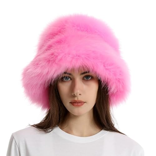 Fuzzy Bucket Hat Y2k Fashion Warm Winter Hat Fluffy Furry Plush Faux Fur Hats Fishing Hat Bucket Hats for Women 2024 - One Size - A Pink