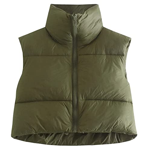 KEOMUD Women's Winter Crop Vest Lightweight Sleeveless Warm Outerwear Puffer Vest Padded Gilet - XX-Large - Armygreen