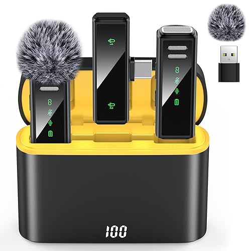 VEZQUA Wireless Lavalier Microphone for iPhone 15, Android, PC, Laptop, USB C Mini Microphone with Noise Cancellation, Mini Microphone for Video Recording, Vlog, YouTube, TikTok (USB C+Charging Case) - USB C+Charging Case