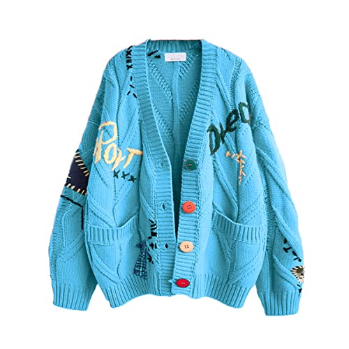 Women's Cable Knit Long Sleeve Open Front Cardigan Sheep V-Neck Button Down Embroidery Wool Blend Sweater Coat Outwear - XX-Large - Blue