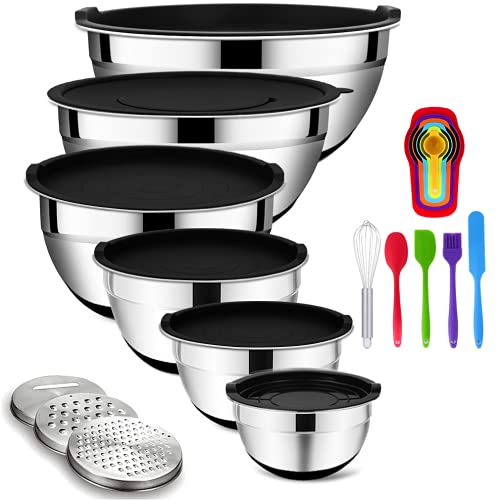 Mixing Bowls Set with Airtight Lids, 20PCS Stainless Steel, Nesting Bowls with 3 Grater Attachments & Non-Slip Bottoms, Size7, 4, 3, 2, 1.5, 1QT Bowls for Baking&Prepping - Black