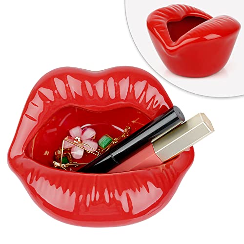 Trycooling Ceramic Red Lips Lipstick Ring Holder Jewelry Tray Rack Decorative Cosmetic Storage Display Holder Desktop Hairpin Storage Organizer Birthday Gift (Dark Red) - Dark Red