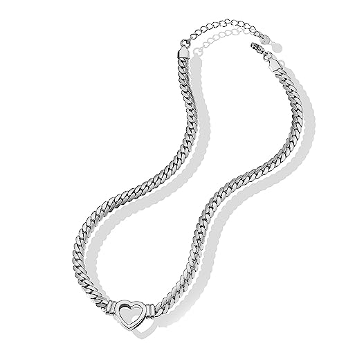 Loqimu Flat Cuban Link Chunky Chain Necklace Gold Stainless Steel Hollow Heart Charms Choker Clavicle Jewelry for Women Teen Girls - Silver