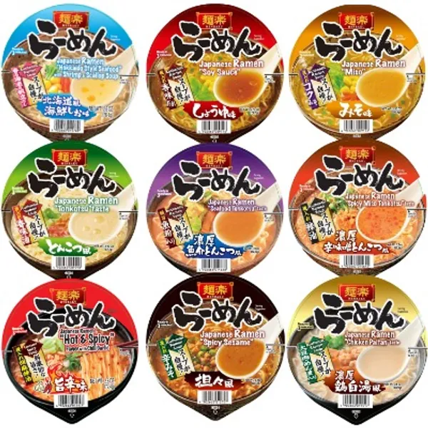 Menraku Variety Mix Ramen Noodles Packs in Bowl, Shio, Miso, Tonkotsu, Shoyu, Seafood Tonkotsu, Spicy Sesame, Sezchuan Inspired Spicy Sesame, Chicken Paitan, and Hot and Spicy (Pack of 9)