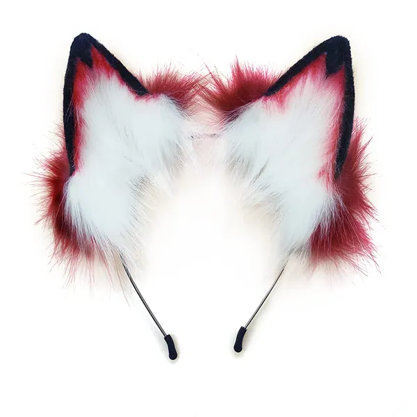 Fox Cat Long Fur Ears Hair Headwear Wolf Animal Anime Halloween Cosplay Costume - Wine