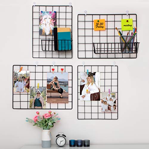 4 Pack Wire Wall Grid Panel | Photos & Pictures Display Grid Wall Panels | Black, Magnetic & Metal Grid | Wall Grid Organizer | Photo Grid | Grid Wire Board | Hanging Home, Office & Kitchen Decor - Black - 4 Pack