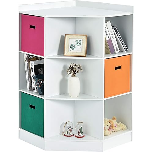 Costzon 9-Cubby Kids Bookcase with Large Storage Drawers, Children's Corner Cabinet with 6 Cubes and 3 Shelves, Wooden Storage Sideboard Suitable for Kids Room Playroom Classroom (White) - White - 32” x 24” x 37” (L x W x H)