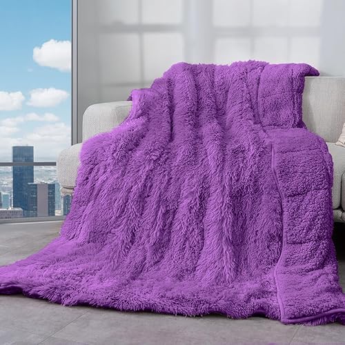 Cottonblue Weighted Blanket 20lbs 60x80 inches for Queen Bed, Faux Fur Sherpa Weighted Blanket for Adults, Plush Cozy Bed Blanket with Ceramic Beads for Calm and Relax, Purple - Purple - 60*80 20LBS
