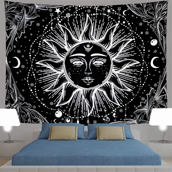 Sun Tapestry Psychedelic Burning Sun Wall Tapestry Black and White Tapestry Moon Sun with Star Tapestry Fractal Faces Bohemian Mandala Mystic Tapestry for Bedroom Living Room (Medium, Black Sun) - Medium Black Sun