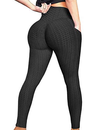 AIMILIA Butt Lifting Anti Cellulite Leggings for Women High Waisted Yoga Pants Workout Tummy Control Sport Tights - Large - Pockets_black