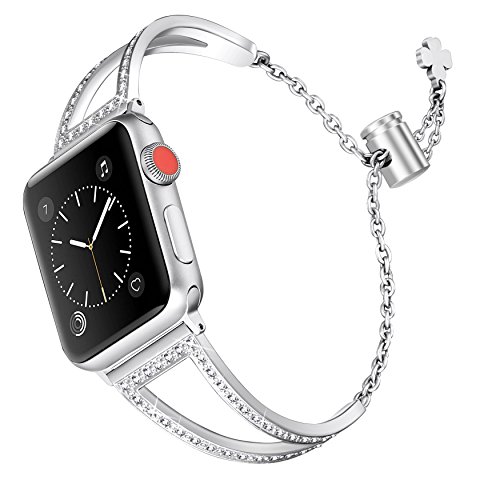 Secbolt Bling Bands Compatible with Apple Watch Bands 38mm 40mm 41mm 42mm 44mm 45mm iWatch Series 9/8/7/6/5/4/3/2/1/SE, Women Dressy Metal Jewelry Bracelet Bangle Wristband Stainless Steel - Silver - 38mm/40mm/41mm