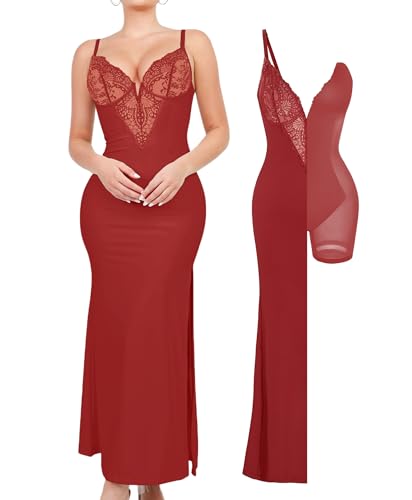 Popilush The Shapewear Dress Deep-V Neck Lace Satin Drape Slip Split Bodycon Cocktail Maxi Dresses for Women - Red - Large