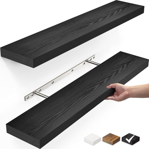 BAYKA Floating Shelves, Wall Mounted Rustic Wood Shelves for Bathroom, Bedroom, Living Room, Kitchen, Office, 22.5" Hanging Shelf for Books/Storage/Room Decor with 22lbs Capacity (Black, Set of 2) - Black