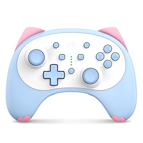 IINE Cute Switch Controller, Bluetooth Cartoon Kitten Nintendo Switch Controllers Wireless, Kawaii Light Switch Gaming PC Controller with TURBO/Double Vibration Function - Blue
