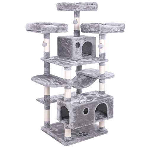 BEWISHOME Large Cat Tree Condo with Sisal Scratching Posts Perches Houses Hammock, Cat Tower Furniture Kitty Activity Center Kitten Play House Light Grey MMJ03G - Light Grey