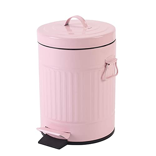 Bathroom Trash Can with Lid, Small Trash Can Wastebasket for Home Bedroom with Lid, Round Waste Bin Soft Close, Retro Vintage Garbage Metal Cans for Office, 5 Liter / 1.3 Gallon, Glossy Pink - Pink - 5L