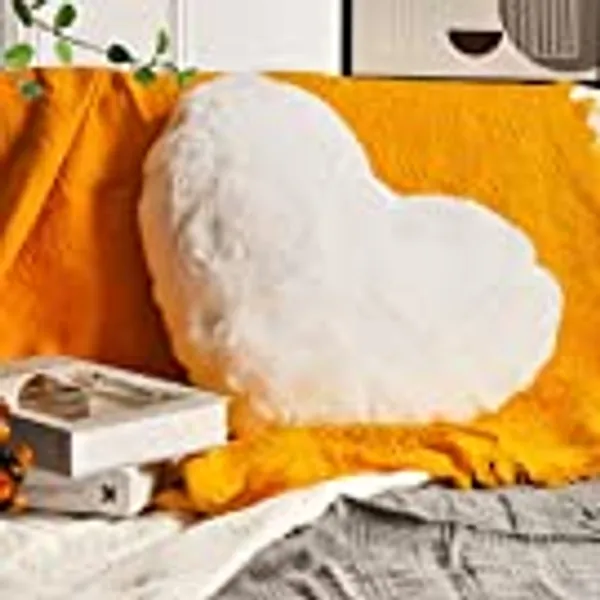 YRXRUS Heart Pillow, White Heart Shaped Pillows Decorative Pillow, Love Coquette Room Decor, Spring Throw Pillows, Faux Rabbit Fur Fluffy for Bedroom Living Kids Room 3D Insert Pillow 14 X 17 Inch