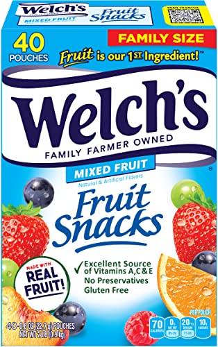 Welch's Fruit Snacks, Mixed Fruit, Gluten Free, Bulk Pack, Individual Single Serve Bags, 0.8 oz (Pack of 40) - Mixed Fruit - 0.8 Ounce (Pack of 40)