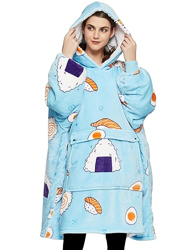 KFUBUO Wearable Blanket Hoodie for Adults Sherpa All Patterns Sushi Oversized Sweatshirt Blanket with Pockets Cute Birthday Gifts for Women - Blue Sushi - Adult