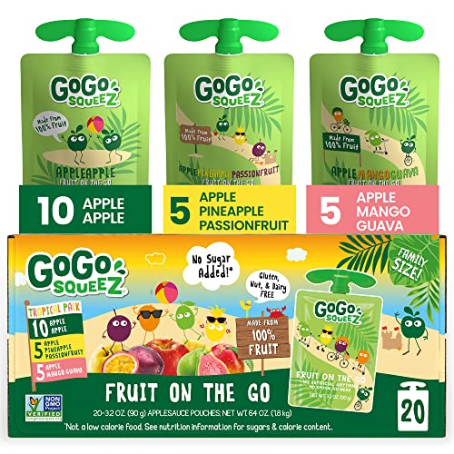 GoGo squeeZ Fruit on the Go Variety Pack, Apple, Mango Guava & Pineapple Passionfruit, 3.2 oz (Pack of 20), Unsweetened Snacks for Kids, No Gluten, Nut Dairy, Recloseable Cap, BPA Free Pouches - Tropical Variety Pack