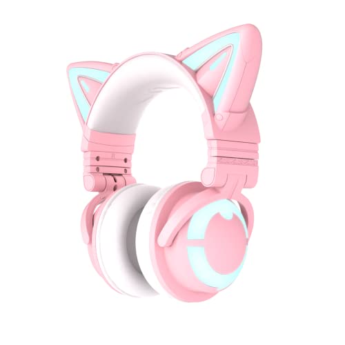 YOWU RGB Cat Ear Headphone 3S Wireless 5.0 Foldable Gaming Headset with Built-in Mic & Customizable Lighting and Effect via APP, Type-C Charging Audio Cable, for PC Laptop Mac Smartphone - 3S-Pink