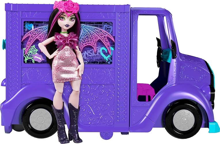 Monster High Draculaura Doll & n, Fangtastic Rockin’ Food Truck with Pullout Stage Transformation & 13+ Food & Music Themed Accessories