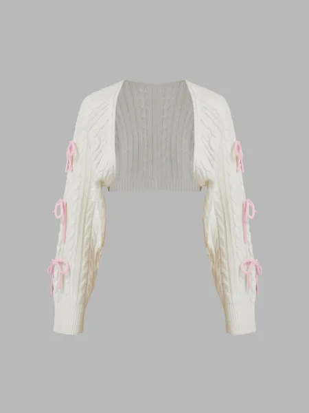 Cable Knit Bowknot Long Sleeve Shrug