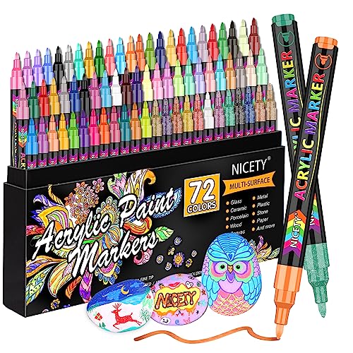 NICETY 72 Colors Acrylic Paint Pens Paint Markers, Extra Fine Tip Point Acrylic Paint Pens for Rock Painting, Canvas, Wood, Ceramic, Glass, Stone, Fabric, DIY Crafts & Art Supplies - 72 Colors