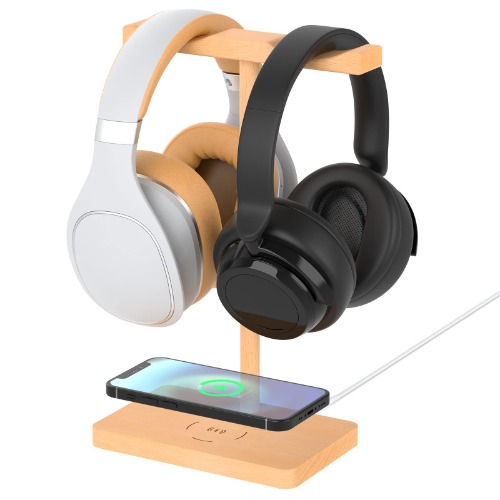 Headphone Stand with Wireless Charger & Type-C Cord – ForTidy Headset Stand for Desk, Holds Dual Universal Gaming Earphones, Smart Watch and VR, Charges QI-Enabled Phone, 15W Fast Charging, Wood