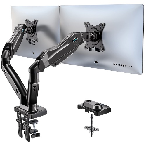 HUANUO Dual Monitor Stand, Adjustable Spring Monitor Desk Mount Swivel Vesa Bracket with C Clamp/Grommet Mounting Base for 13 to 27 Inch Computer Screens, Each Arm Holds 4.4 to 14.3lbs - 