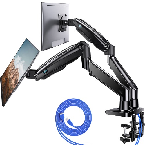 HUANUO Dual Monitor Stand for 13 to 35 inch, Premium Dual Monitor Mount with USB, Height Adjustable Monitor Stands for 2 Monitors VESA Bracket with Clamp/Grommet Base, Each Arm Hold up to 26.4lbs - 