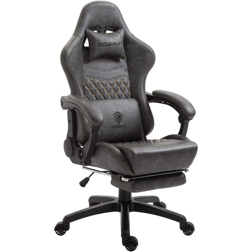 Dowinx Gaming Chair Office Chair PC Chair with Massage Lumbar Support, Vintage Style PU Leather High Back Adjustable Swivel Task Chair with Footrest (Light Grey) - Grey