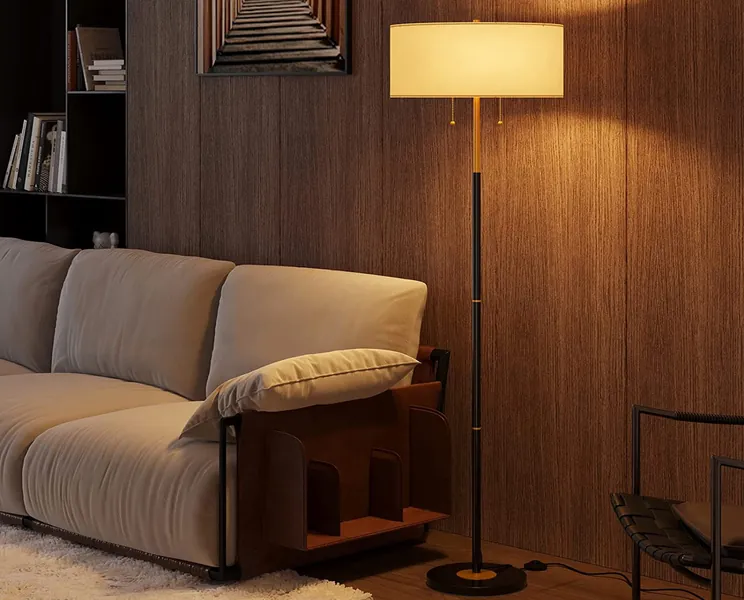 Modern Mid Century Floor Lamp with White Fabric Shade, 2-Light Floor Lamp for Bedroom Office Reading, Rustic Floor Lights Indoor