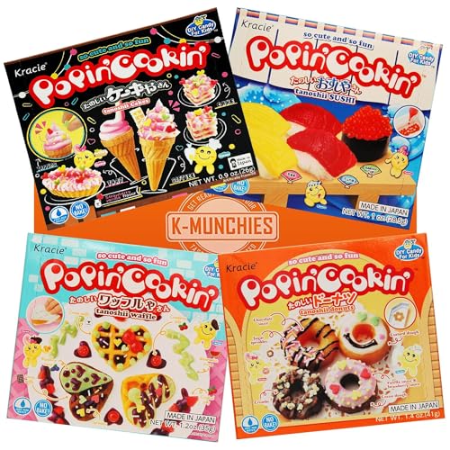 K-Munchies Kracie Popin Cookin Kits - 4 Pack Assorted Japanese Candy Making Kit Bundle - Gummy Sushi, Waffle, Cake Donut DIY Candy Kit - Easy to Follow Edible Experiments for Kids - Made in Japan - Sushi, Waffle, Cake, Donut - 4 Piece Set