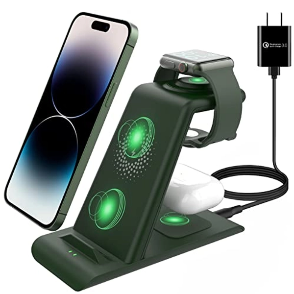 HATALKIN 3 in 1 Wireless Charging Station Compatible for Multiple Devices Apple Products Watch 9 8 Ultra 7 SE 6 5 4 AirPods Pro 2 iPhone 15 14 13 12 11 Max/XS/XR Fast Charger, Dark Green