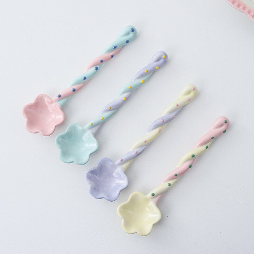Ceramic Pastel Flower Soup Dessert Spoon Kawaii - yellow