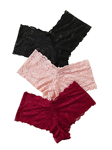 Verdusa Women's Plus 3pack Floral Lace Underwear Briefs Panty Set - XX-Large - Black Pink Red