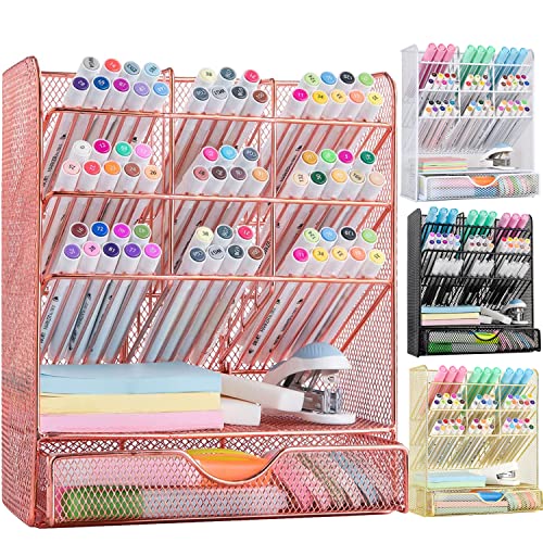 Spacrea Pen Holder Desk Organizer - Desk Organizers and Accessories, Pencil Holder with 10 Compartments and 1 Drawer（Rose Gold） - Rose Gold