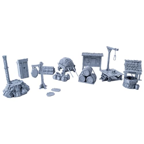 3D Vikings City Items Set – Comprehensive Terrain Accessories for Tabletop RPGs, Dungeons & Dragons, Warhammer – Includes Well, Toilet, Signs, Gallows, Newsboard, Cart, Wooden Stake – Unpainted