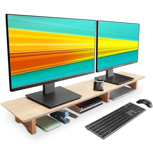 Aothia Large Double Monitor Stand Riser, étagère de bureau en bois massif avec pieds en liège écologique pour ordinateur portable/TV/PC/imprimantes pour accessoires de bureau (chêne) - Bois-Chêne