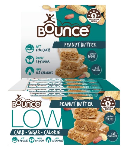 Bounce Peanut Butter Low Carb Low Cal Bar 35g x 15 (525g total). Snack healthy with our range of nutritional low carbohydrate low calorie low sugar bars and healthy snacks