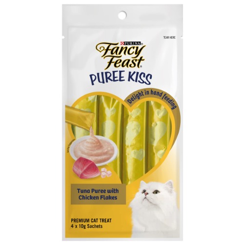 Fancy Feast Puree Kiss Tuna with Chicken Flakes Cat Treat, Adult, 4x10g