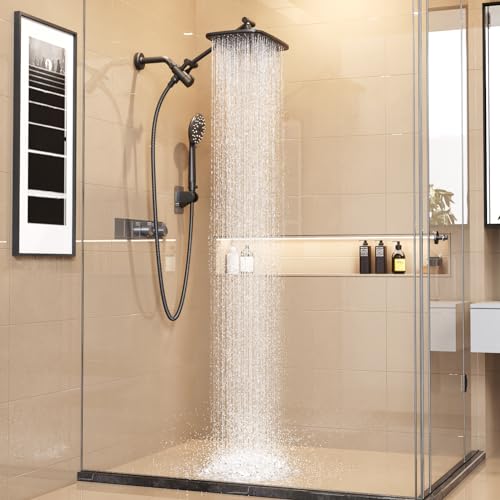 Veken 12 Inch High Pressure Rain Shower Head Combo with Extension Arm- Wide Rainfall Showerhead with 5 Handheld Water Spray - Adjustable Dual Showerhead with Anti-Clog Nozzles - Matte Black - Matte Black