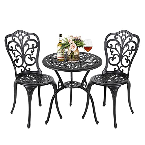 Nuu Garden 3 Piece Outdoor Bistro Table Set, All Weather Cast Aluminum Patio Bistro Sets Patio Table and Chairs Set of 2 with Umbrella Hole for Yard, Balcony, Black - Medium