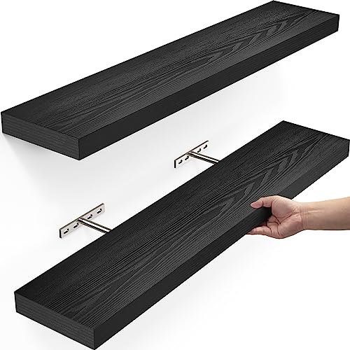 BAYKA Floating Shelves, Wall Mounted Rustic Wood Shelves for Bathroom, Bedroom, Living Room, Kitchen, Office, 23" Hanging Shelf for Books/Storage/Room Decor with 22lbs Capacity (Black, Set of 2) - Black